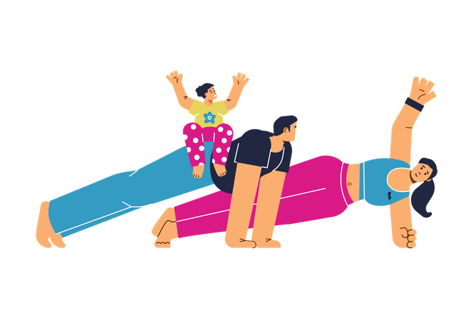 Young man and woman doing plank exercise at home  Illustration