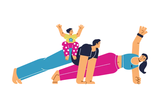 Young man and woman doing plank exercise at home  Illustration