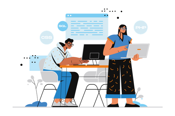 Young man and woman doing programming work  Illustration
