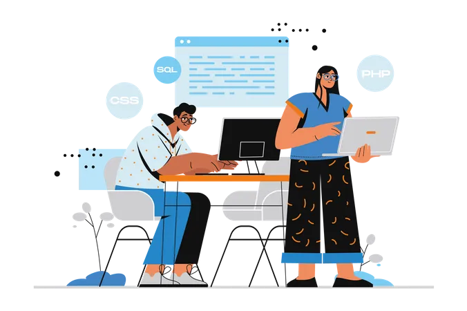 Young man and woman doing programming work  Illustration