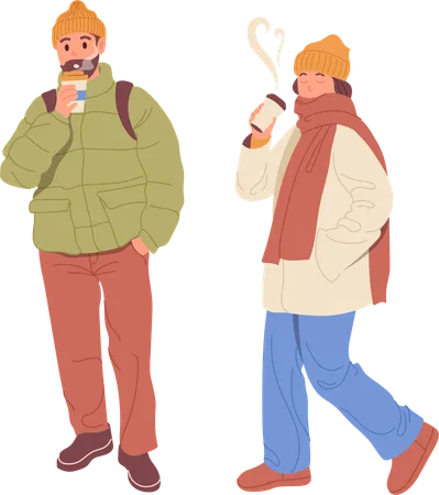 Happy Young Man And Woman Cartoon Character Wearing Autumn Clothes Drinking Coffee And Tea From Disposable Cup Vector Illustration Isolated On White Background Freelancer Or Student Leisure Activity Illustration