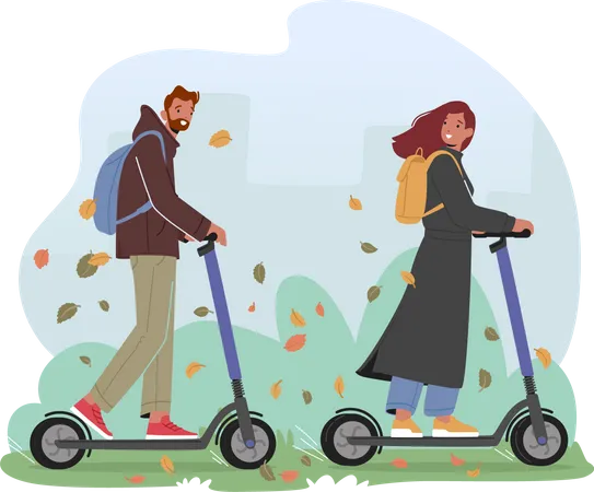 Young Man and Woman Driving Electric Scooters in City Park at Autumn Day  Illustration