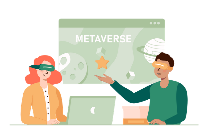 Young man and woman enjoying metaverse  Illustration