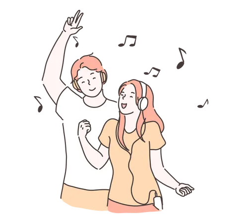 Young man and woman enjoying music  イラスト