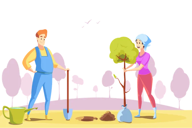 Couple Agriculture Gardening Nature Concept Young Happy Man Woman Boyfriend Girlfriend Farmers Working At Nature Together Planting Tree Saplings At Countryside Rural Volunteering Illustration Illustration