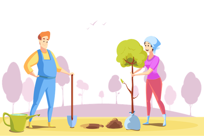 Young man and woman farmers working at nature together  Illustration