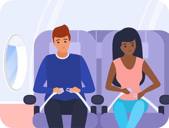 Young man and woman fastens seat belt on plane  Illustration