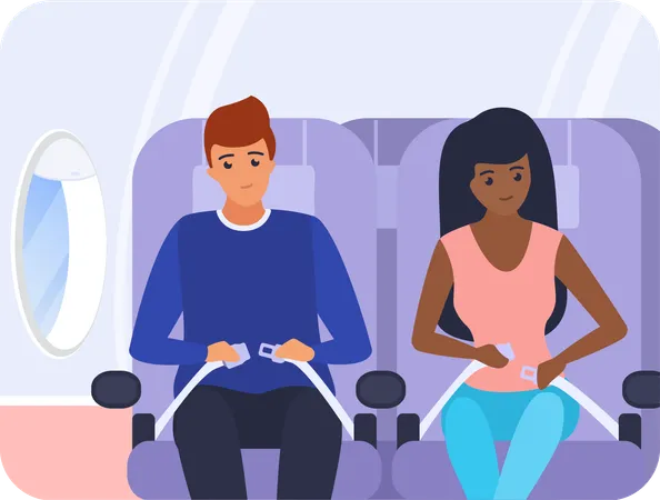 Young man and woman fastens seat belt on plane  Illustration