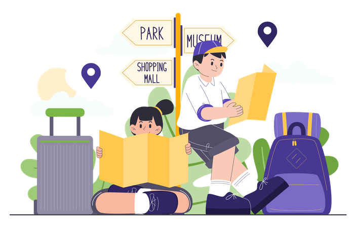 Young man and woman find destination near road signs  Illustration