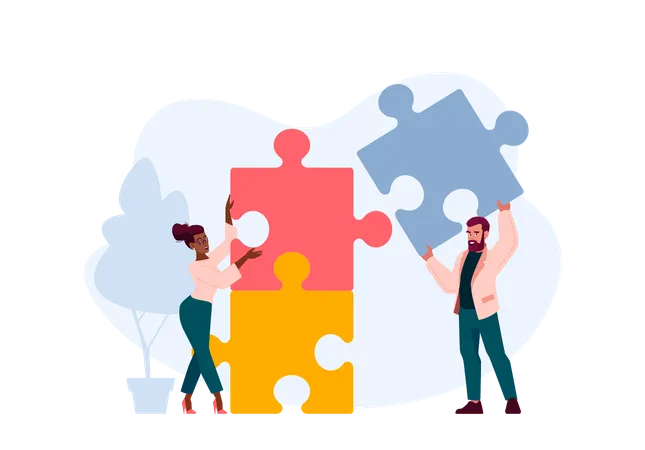 Collective Work Cooperation Concept With Office People Work Together Connect Huge Colorful Separated Puzzle Pieces Businesspeople Coworking Teamwork Partnership Cartoon Vector Illustration Illustration