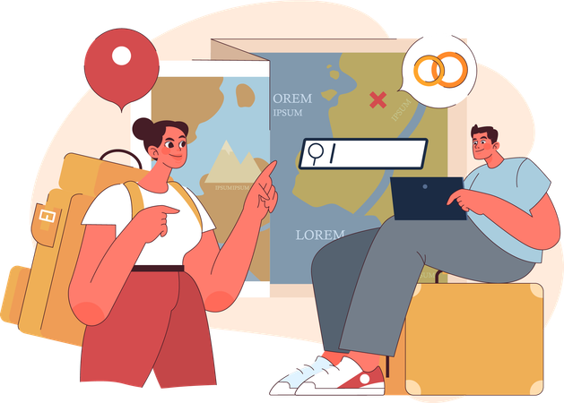 Young man and woman finding location for honeymoon  Illustration