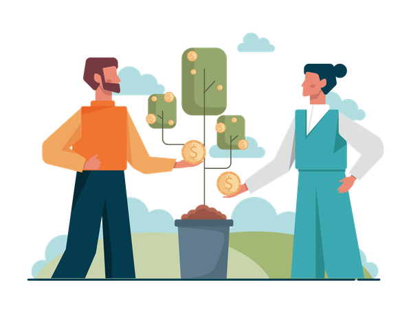 Young man and woman getting investment profit  Illustration