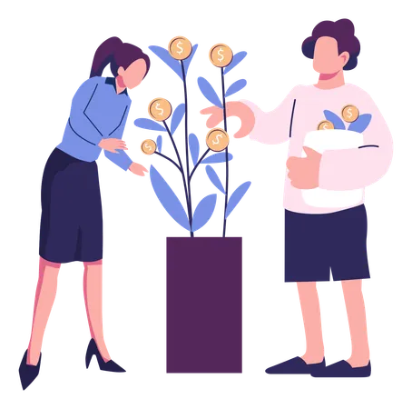 Young Man And Woman Harvesting Investment Returns  Illustration