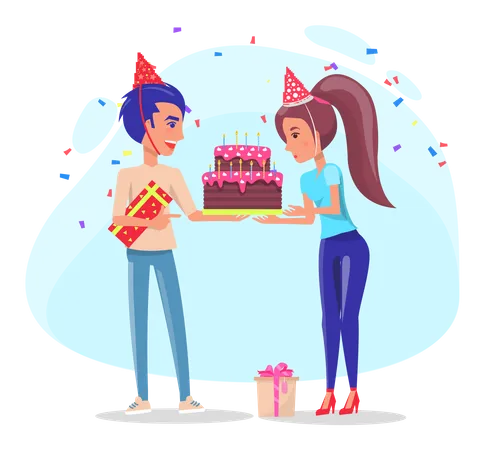 Young man and woman holding cake  Illustration