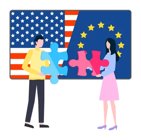 Young man and woman holding jigsaw piece  Illustration
