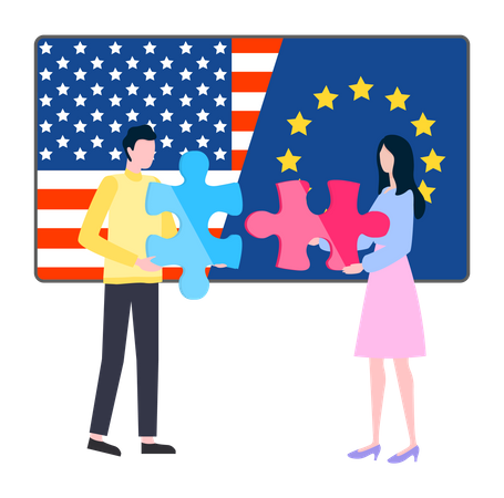 Young man and woman holding jigsaw piece  Illustration