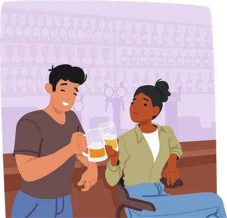 Young Man And Woman In A Bar Enjoying Beer Raising Their Glasses In A Toast Sharing Laughter And Creating A Lively Atmosphere Male And Female Characters Dating Cartoon People Vector Illustration Illustration