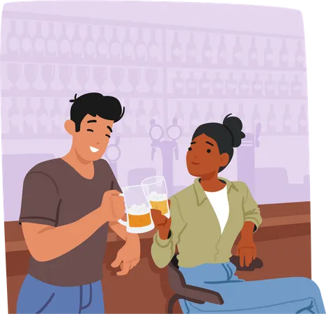 Young Man And Woman In Bar Enjoying Beer  Illustration