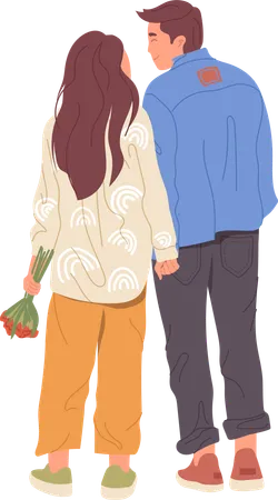 Young Man And Woman Cartoon Characters In Love Enjoying Time Together Celebrating Anniversary Of Relationships Vector Illustration Millennial Couple Lovers Back View Walking Having Romantic Date Illustration