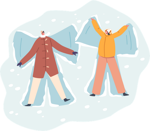 Young Man and Woman Lying Down on Snow-covered Ground Illustration