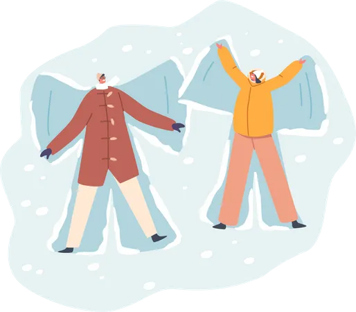 Young Man and Woman Lying Down on Snow-covered Ground Illustration