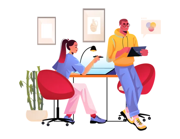 Young man and woman making analysis report  Illustration