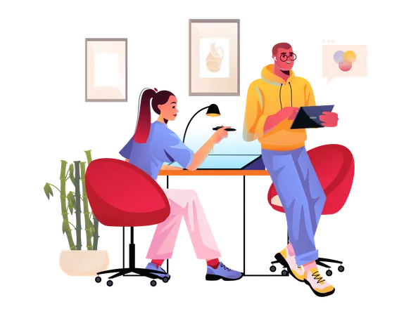 Young man and woman making analysis report  Illustration