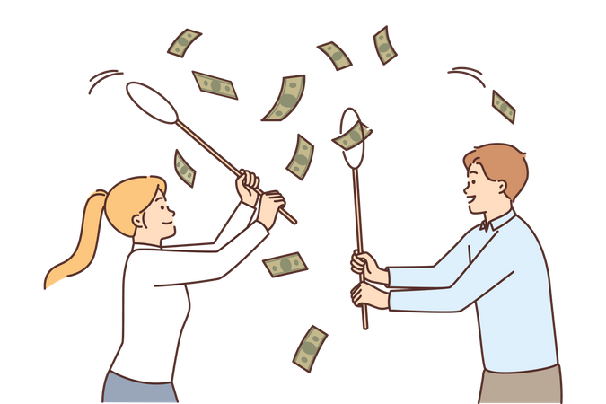 Young man and woman playing with money  イラスト