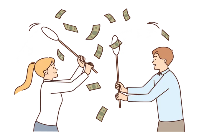 Young man and woman playing with money  イラスト