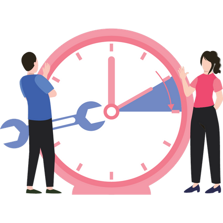 Young man and woman repairing time  Illustration