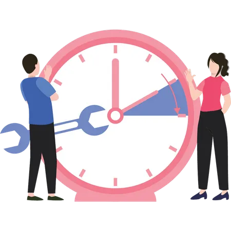 Young man and woman repairing time  Illustration