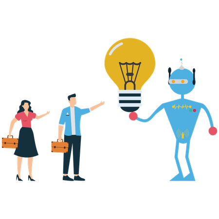 Young man and woman showing robot idea  Illustration