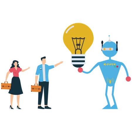 Young man and woman showing robot idea  Illustration