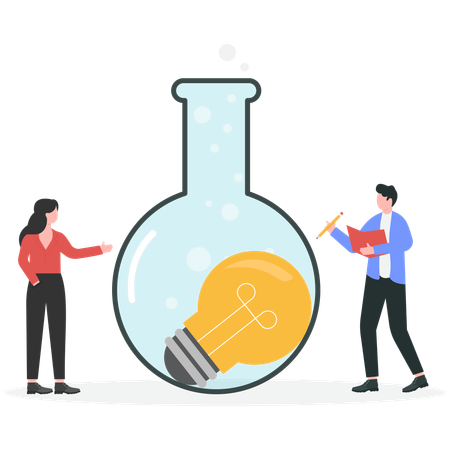 Young man and woman showing science experiment idea  Illustration