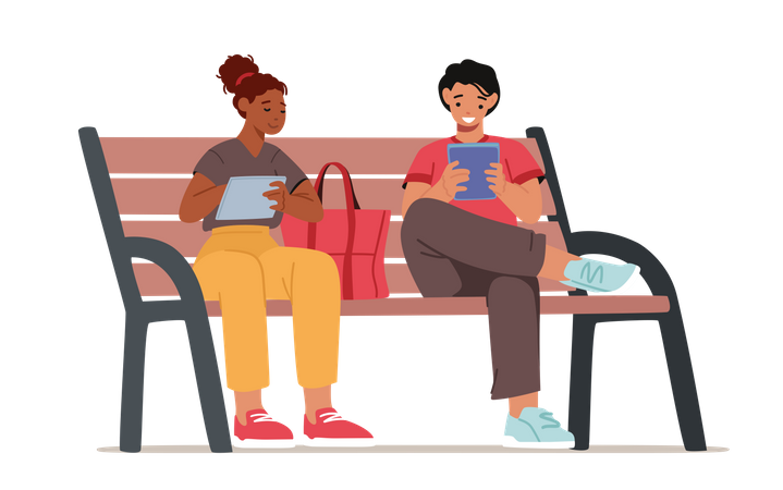 Young Man and Woman Sitting on Bench in Park with Gadgets Illustration