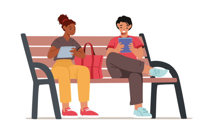 Young Man and Woman Sitting on Bench in Park with Gadgets  Illustration