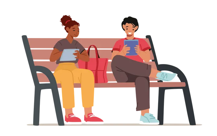 Young Man and Woman Sitting on Bench in Park with Gadgets  Illustration