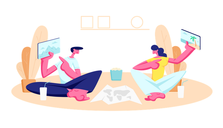 Young Man and Woman Sitting on Floor at Home  Illustration