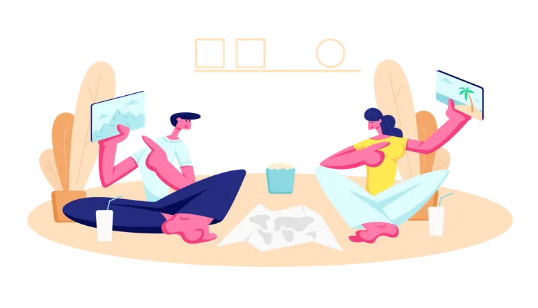 Young Man and Woman Sitting on Floor at Home  Illustration