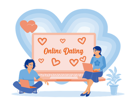 Young man and woman sitting with laptops while Visiting online sites and sending love messages to their partner  Illustration