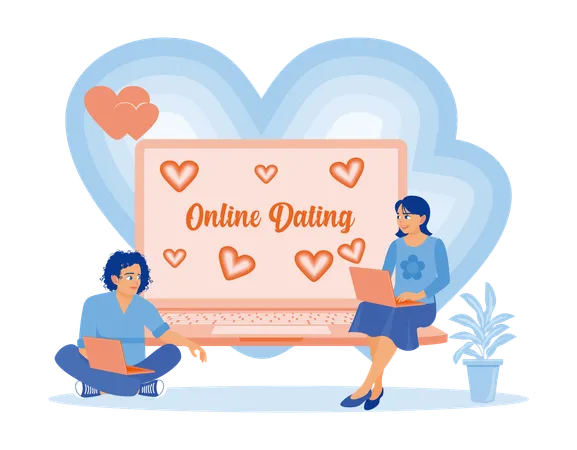 Young man and woman sitting with laptops while Visiting online sites and sending love messages to their partner  Illustration