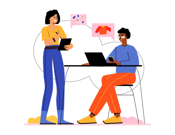 Young man and woman talking about cloth  Illustration