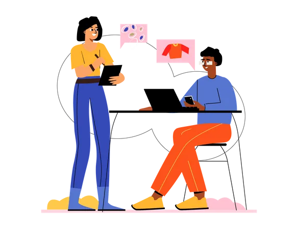 Young man and woman talking about cloth  Illustration
