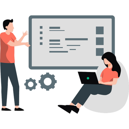 Young man and woman talking about product management  Illustration