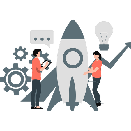 Young man and woman talking about startup rocket  Illustration