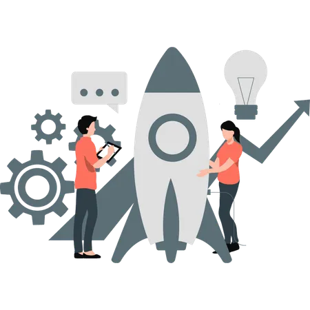 Young man and woman talking about startup rocket  Illustration