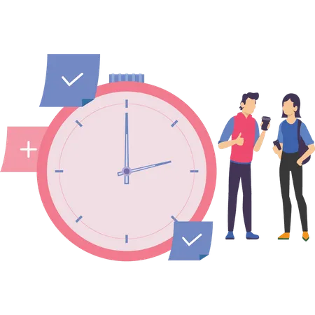 Young man and woman talking about time management  Illustration