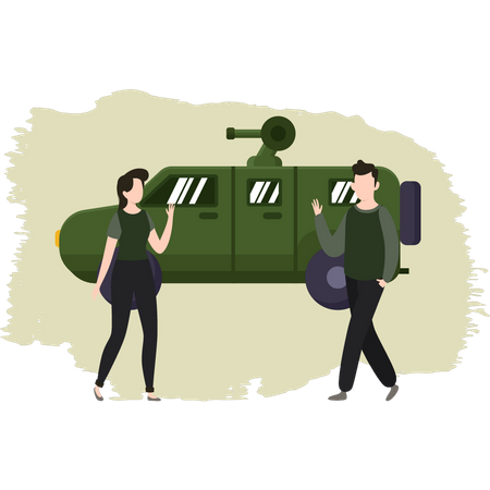 Young Man And Woman Talking At Military Camp  Illustration