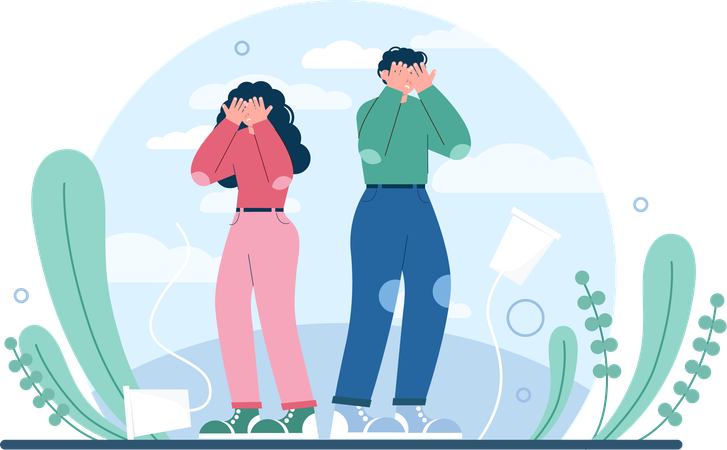 Young man and woman talking on cup phone while getting misunderstanding  イラスト