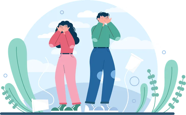 Young man and woman talking on cup phone while getting misunderstanding  Illustration